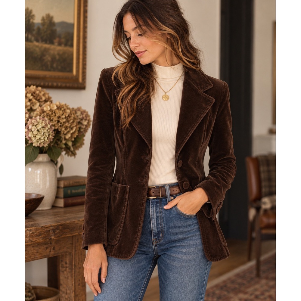 Vintage Chocolate Brown Velvet Blazer Jacket Pleated Back 70s Style Brown Lined